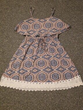 Doe & Rae Blue and Peach Printed Spaghetti-Strap Dress with Lace Hem